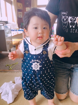「西松屋（ニシマツヤ）のアイテム（サロペット/オーバーオール）」を使った、おーさんさん（キッズ・70cm）の夏コーディネート