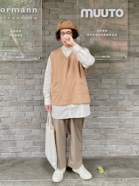 「plain-me（プレインミー）のアイテム（ベスト）」を使った、Jayさん（メンズ・166cm）の秋コーディネート