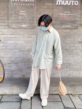 「Hender Scheme（エンダースキーマ）のHender Scheme kinchaku (nc-rc-kin)（ハンドバッグ）」を使った、Jayさん（メンズ・166cm）の冬コーディネート