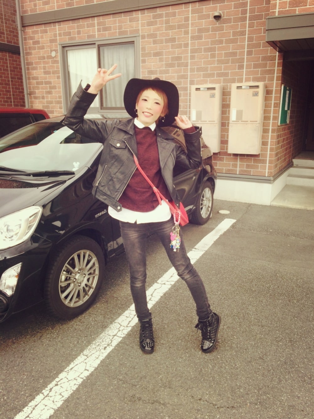 「date style♡」｜「OZOCのアイテム（ライダースジャケット、ブラック系）」を使った、いのちゅけちゃん☺︎さん（レディース・159cm）の冬コーディネートの1枚目の写真