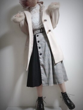 「レースブラウス」｜「アイテム（ダッフルコート）」を使った、𝘆𝘂𝗺𝗲︎☺︎さん（レディース・162cm）の冬コーディネート