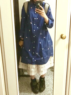 「柄×柄」｜「アイテム（シャツワンピース）」を使った、mi(nuu)さん（レディース・154cm）の春コーディネート