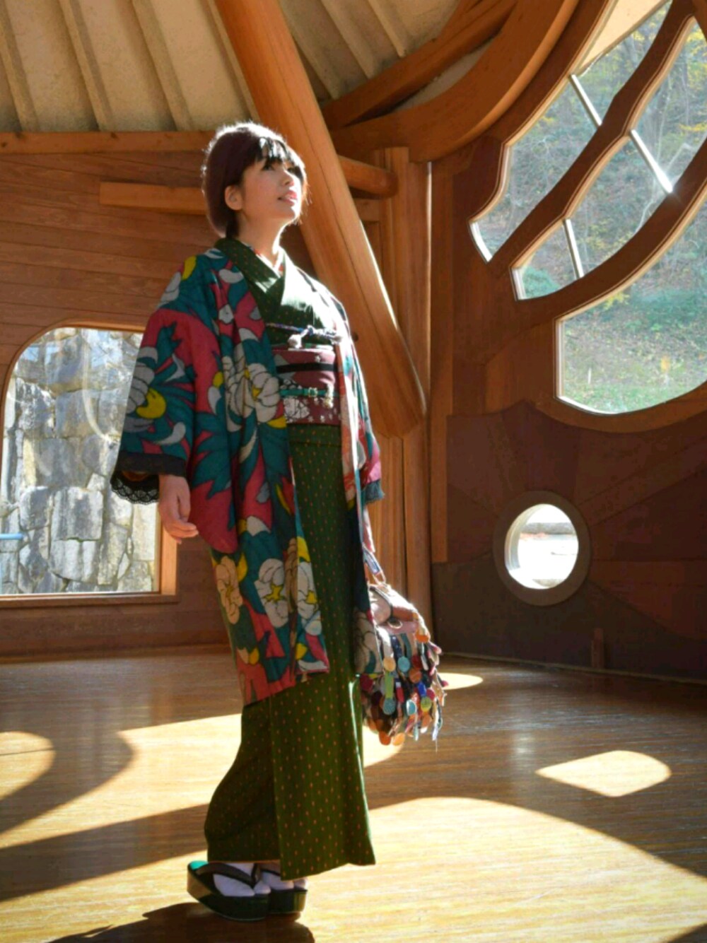 「着物、きものコーディネート、ベレー帽、羽織、グリーン」｜「リサイクルの羽織（浴衣、その他）」を使った、nee さん（レディース・157cm）の春コーディネートの1枚目の写真