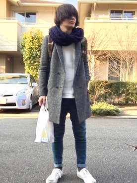 「MOUSSY（マウジー）のアイテム（チェスターコート）」を使った、LiME(松尾 頼武)作曲家さん（メンズ・163cm）の春コーディネート