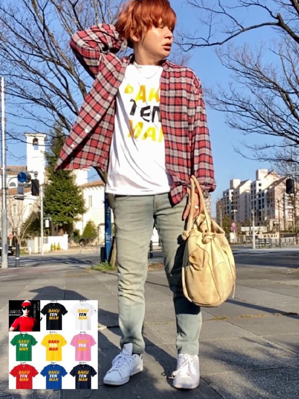 その他のTシャツ/カットソー、ホワイト系のスニーカー、レッド系のシャツ/ブラウスを着用したメンズの春コーディネートの1枚目の写真