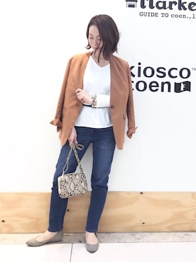 「coen（コーエン）のアイテム（ノーカラージャケット）」を使った、coenいのくまさん（レディース・157cm）の冬コーディネート