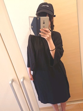 「UNIQLO（ユニクロ）のクルーネックTワンピース（半袖）（ワンピース、ブラック系）」を使った、ごまさん（レディース・157cm）の夏コーディネート