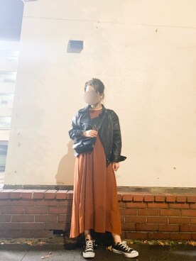 「プリーツ」｜「アイテム（ライダースジャケット）」を使った、keiei*さん（レディース・158cm）の秋コーディネート