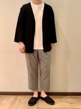 「ストライプパンツ」｜「アイテム（スリッポン）」を使った、いしかわさん（メンズ・168cm）の夏コーディネート