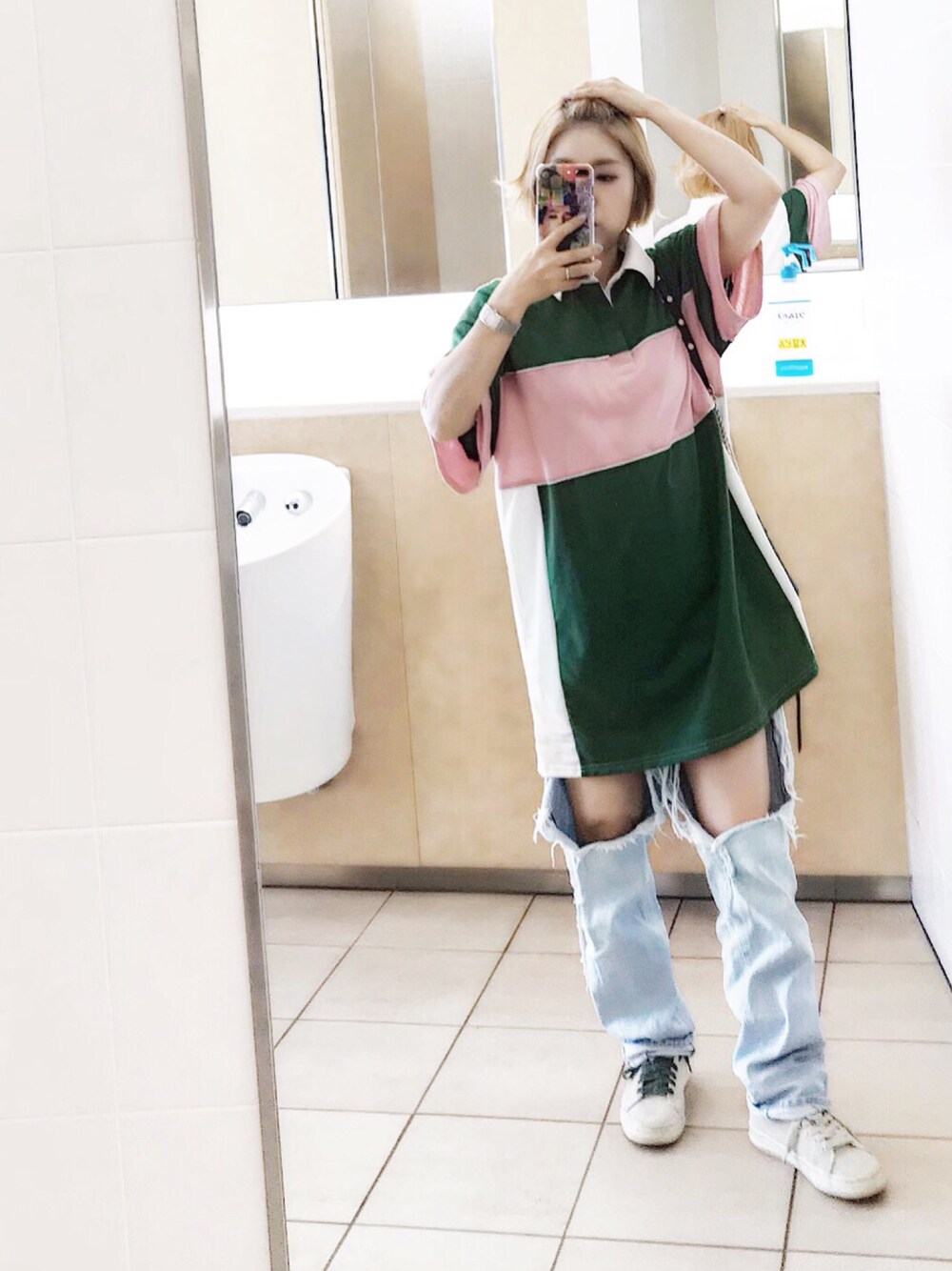 「カジュアルコーデ、オトナ女子、ラクチンコーデ、おしゃれさんと繋がりたい、低身長コーデ、summer、ゆるコーデ、大人カジュアル」｜「jouetieのラガーシャツワンピース（ワンピース、グリーン系）」を使った、yurさん（レディース・154cm）の春コーディネートの1枚目の写真