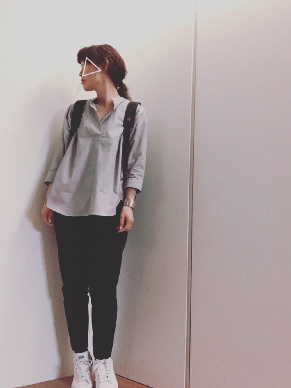 「春、シンプル、休日スタイル、オトナカジュアル、ootd、ストライプ、GU、スタンスミス、Doシンプル部、オトナ女子」｜「GUのアイテム（シャツ/ブラウス、ブルー系）」を使った、mikamoさん（レディース・158cm）の春コーディネートの1枚目の写真