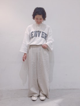 「SEVENDAYS=SUNDAY（セブンデイズサンデイ）の【mina5月号掲載】リネンブレンドDカンワイドパンツ（その他パンツ）」を使った、うっちーさん（レディース・152cm）の春コーディネート
