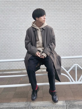 「ソックス」｜「アイテム（ステンカラーコート）」を使った、ふきはるさん（メンズ・166cm）の秋コーディネート