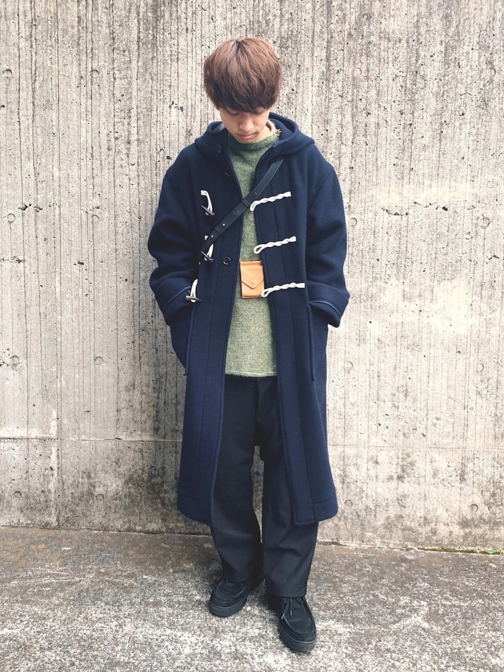 「冬アウター着回しチャレンジ、ダッフルコート、ロングコート、オーバーサイズ、古着MIX、cellar door、BEAUTY&YOUTH UNITED ARROWS、Hender Scheme、大人カジュアル、ビッグシルエット」｜「ATHAのアイテム（ダッフルコート、ブルー系）」を使った、ふきはるさん（メンズ・166cm）の冬コーディネートの1枚目の写真