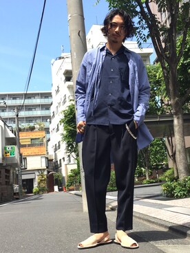 「BEAUTY&YOUTH UNITED ARROWS（ビューティーアンドユースユナイテッドアローズ）のBY ソリッド オープンカラー ワイドフォルム シャツ（シャツ/ブラウス、ブルー系）」を使った、Daisuke Sakamotoさん（メンズ・176cm）の春コーディネート