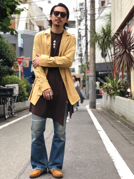 「BED J.W. FORD（ベッドフォード）のアイテム（シャツ/ブラウス、イエロー系）」を使った、Daisuke Sakamotoさん（メンズ・176cm）の夏コーディネート