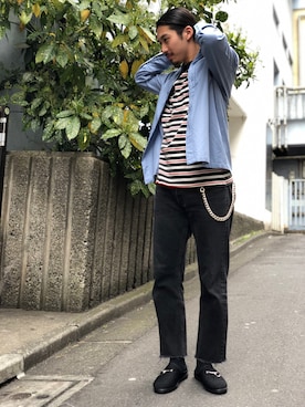 「UNUSED（アンユーズド）のアイテム（シャツ/ブラウス、ブルー系）」を使った、Daisuke Sakamotoさん（メンズ・176cm）の春コーディネート