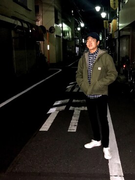 「newhattan（ニューハッタン）のアイテム（キャップ、ブラック系）」を使った、NORIさん（メンズ・167cm）の冬コーディネート