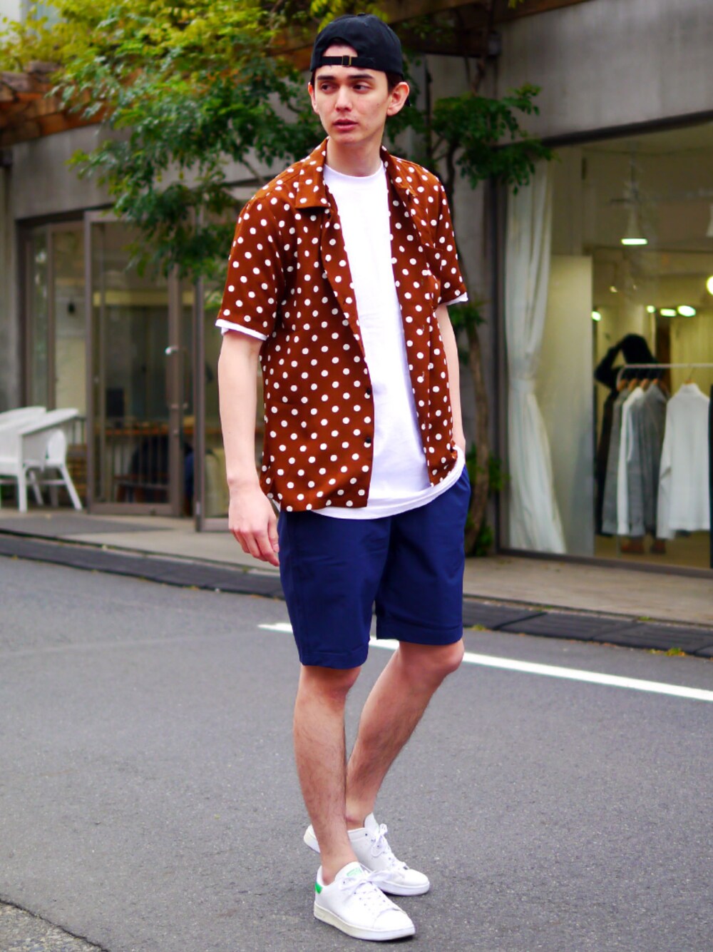 「Revo.、レヴォ、Champion、チャンピオン、2018ss、シャツ、ドット、水玉、柄シャツ、夏コーデ」｜「Revo.のRevo. ドットパターン S/S シャツ [2018SUMMER]（シャツ/ブラウス、オレンジ系）」を使った、Revo.さん（メンズ・182cm）の夏コーディネートの1枚目の写真