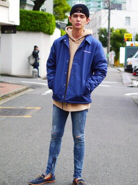 「Champion（チャンピオン）のアイテム（ナイロンジャケット）」を使った、Revo.さん（メンズ・182cm）の秋コーディネート