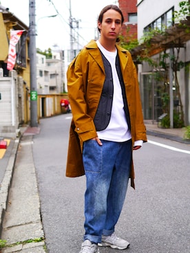 「Audience（オーディエンス）のアイテム（ステンカラーコート）」を使った、Revo.さん（メンズ・182cm）の冬コーディネート