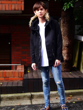 「ブラック」｜「アイテム（モッズコート）」を使った、Revo.さん（メンズ・182cm）の冬コーディネート