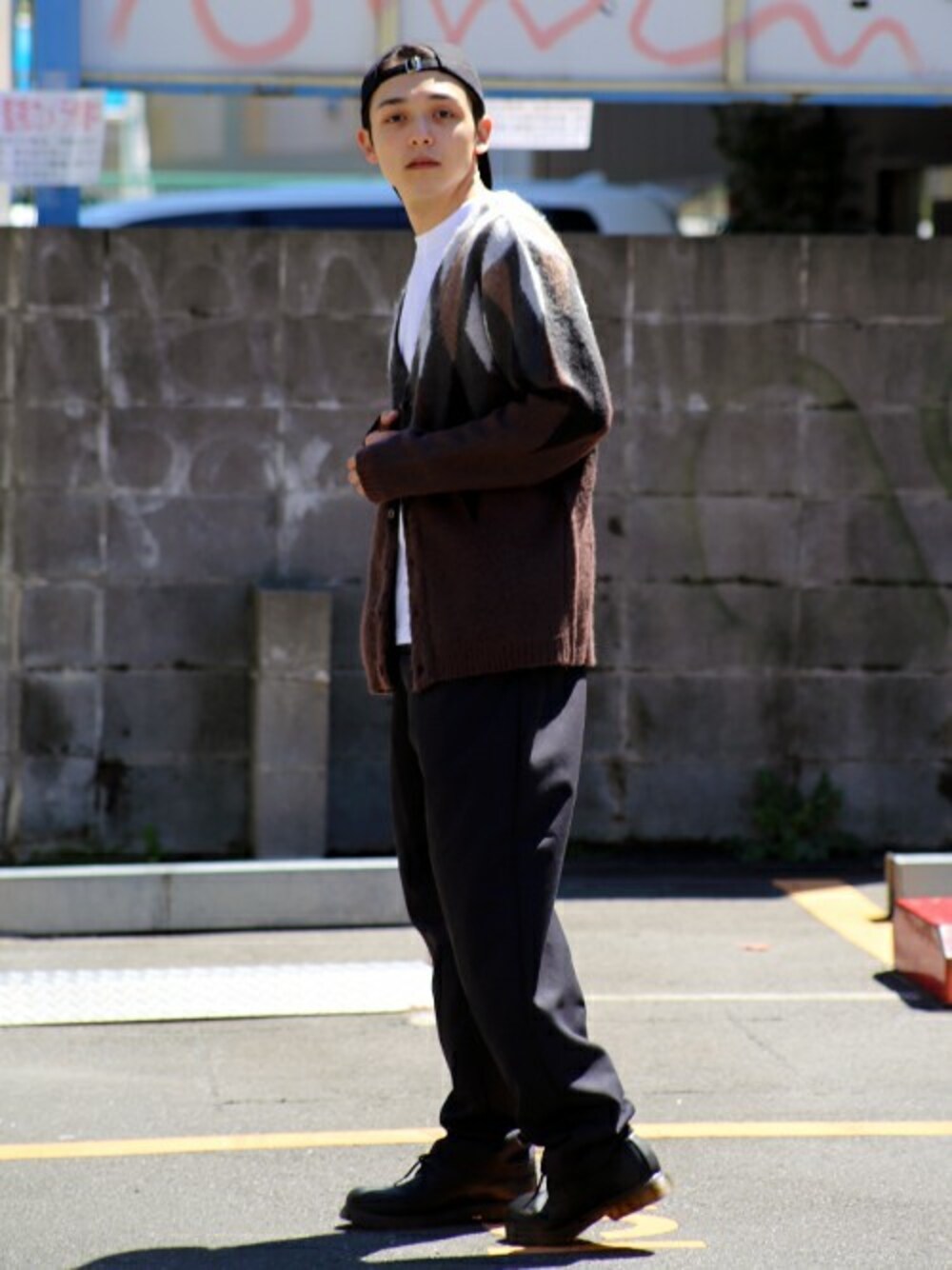 「カーディガン、ニット、Dr.Martens、秋冬、アーガイル柄、Revo.、シェフパンツ、レヴォ、2019AW、スタッフセンバツ」｜「Revo.のRevo. モヘアタッチ ジャガード アーガイル カーディガン［2019AW］（カーディガン/ボレロ、ブラウン系）」を使った、Revo.さん（メンズ・182cm）の秋コーディネートの1枚目の写真