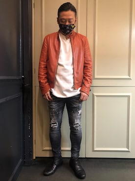 「アイテム（ライダースジャケット、レッド系）」を使った、Ryuuutaさん（メンズ・166cm）の秋コーディネート