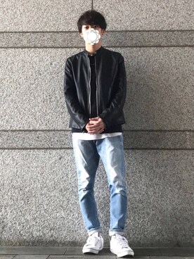「黒Tシャツ」｜「アイテム（ライダースジャケット）」を使った、ゆうだい。さん（メンズ・164cm）の秋コーディネート