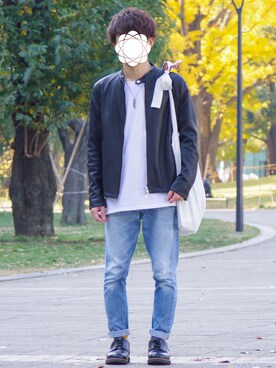 「SPINNS（スピンズ）のアイテム（ライダースジャケット）」を使った、ゆうだい。さん（メンズ・164cm）の秋コーディネート