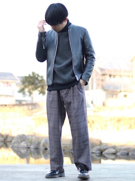 「グレンチェック」｜「アイテム（ライダースジャケット）」を使った、ゆうだい。さん（メンズ・164cm）の冬コーディネート