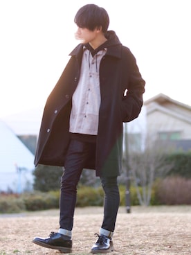 「Y's（ワイズ）のアイテム（ステンカラーコート）」を使った、ゆうだい。さん（メンズ・164cm）の冬コーディネート