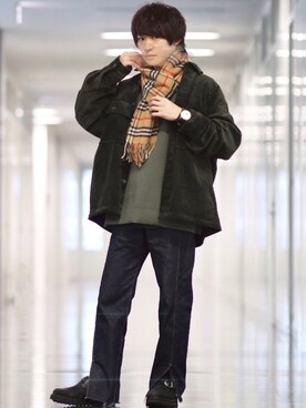 「チェックマフラー」｜「アイテム（その他アウター）」を使った、ゆうだい。さん（メンズ・164cm）の冬コーディネート