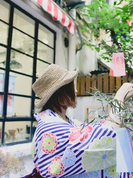 「MUJI Labo（ムジラボ）のアイテム（サンバイザー、ベージュ系）」を使った、Jocelyn Chenさん（レディース）の夏コーディネート