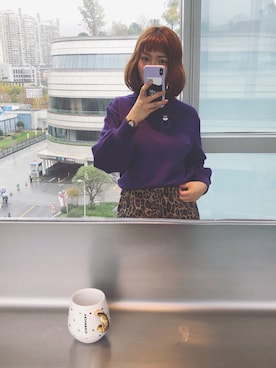 「stradivarius（ストラディバリウス）のアイテム（パーカー、パープル系）」を使った、Jocelyn Chenさん（レディース）の冬コーディネート