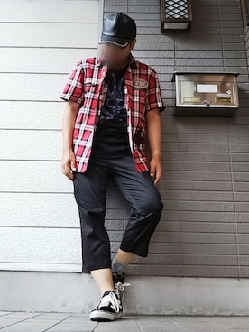 「赤チェック」｜「アイテム（キャップ）」を使った、風のナオヤ  相互さん（メンズ・165cm）の夏コーディネート
