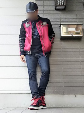「エアジョーダン」｜「アイテム（ライダースジャケット）」を使った、風のナオヤ  相互さん（メンズ・165cm）の秋コーディネート