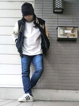 「ライダースコーデ」｜「アイテム（スタジャン）」を使った、風のナオヤ  相互さん（メンズ・165cm）の冬コーディネート