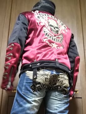 「アイテム（ライダースジャケット、レッド系）」を使った、風のナオヤ  相互さん（メンズ・165cm）の春コーディネート