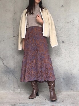 「レーススカート」｜「アイテム（ノーカラージャケット）」を使った、Sakikoさん（レディース・158cm）の秋コーディネート