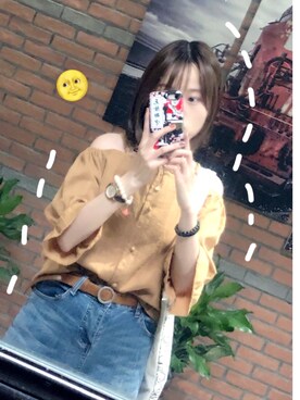 「dfyのアイテム（デニムスカート、ブルー系）」を使った、karappoさん（レディース・157cm）の冬コーディネート