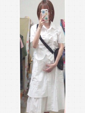「rtyeのアイテム（シャツワンピース、ホワイト系）」を使った、karappoさん（レディース・157cm）の夏コーディネート