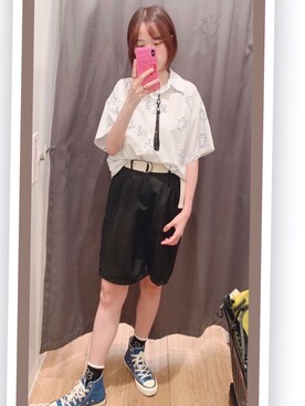 「UNIQLO（ユニクロ）のアイテム（カーゴパンツ、ブラック系）」を使った、karappoさん（レディース・157cm）の夏コーディネート