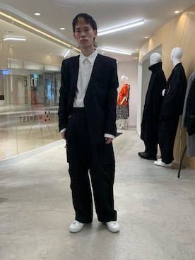 「ワイドスラックス」｜「アイテム（ノーカラージャケット）」を使った、Muraiさん（メンズ・173cm）の秋コーディネート