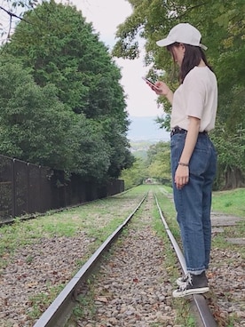 「one after another NICE CLAUP（ワンアフターアナザーナイスクラップ）のアイテム（キャップ）」を使った、あんずさん（レディース・159cm）の夏コーディネート