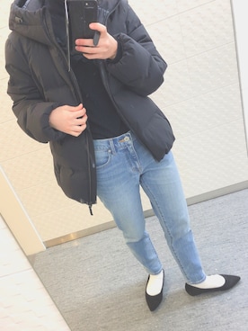 「ZOZO（ゾゾ）のスリムテーパードデニムパンツ［WOMEN］（デニムパンツ）」を使った、らびさん（レディース・150cm）の冬コーディネート