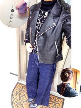 「寒い」｜「アイテム（ライダースジャケット）」を使った、やまちゃん𓃹さん（レディース・158cm）の秋コーディネート