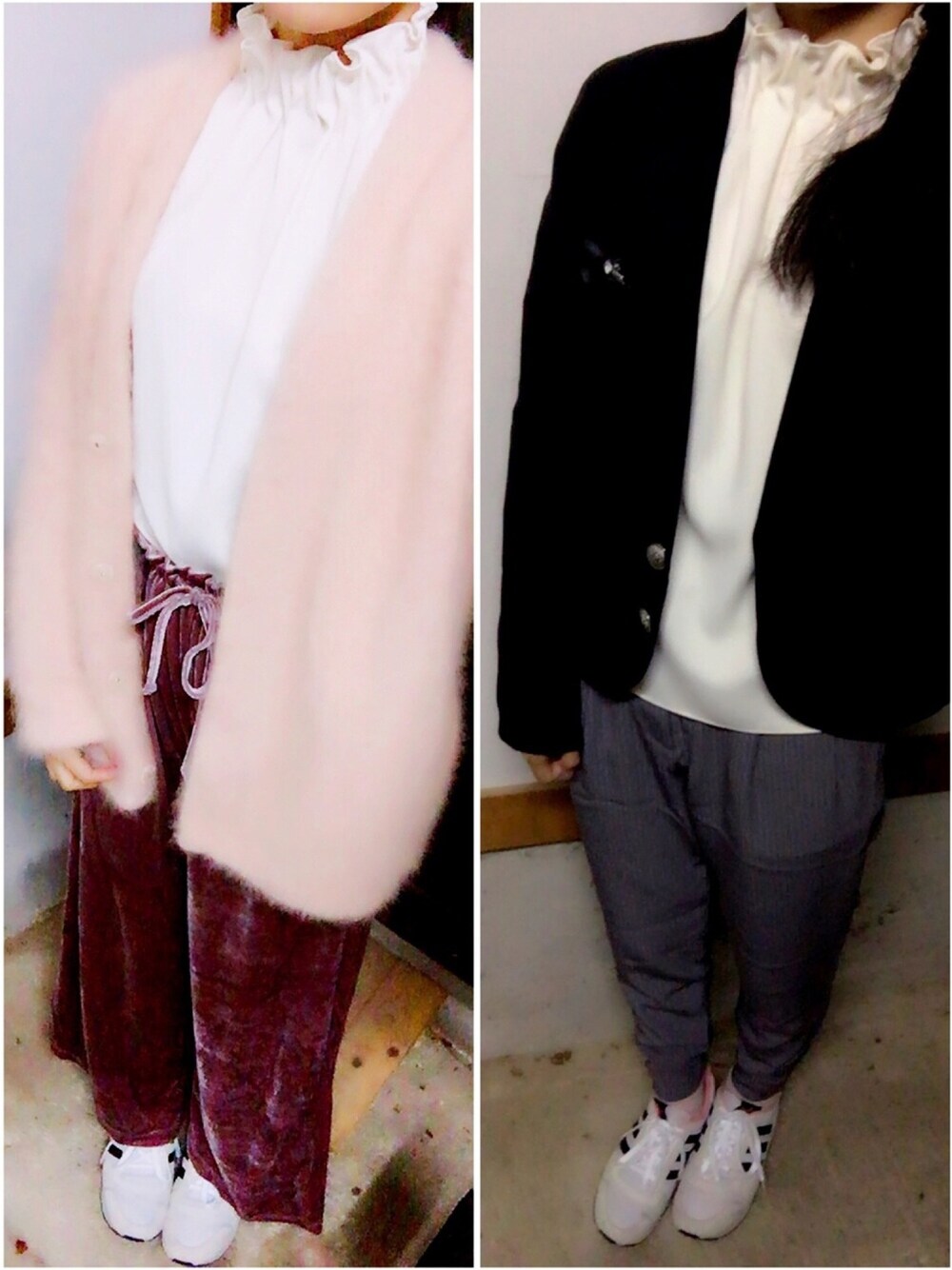 ホワイト系のシャツ/ブラウス、ピンク系のカーディガン/ボレロ、パープル系のその他パンツを着用したレディースの秋コーディネートの1枚目の写真