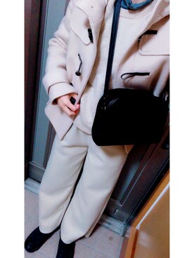 「ベージュ×ブラック」｜「アイテム（ダッフルコート）」を使った、やまちゃん𓃹さん（レディース・158cm）の冬コーディネート