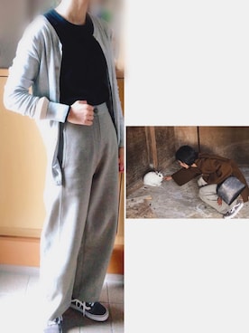 「ジャージーパンツ」｜「アイテム（チェスターコート）」を使った、やまちゃん𓃹さん（レディース・158cm）の秋コーディネート